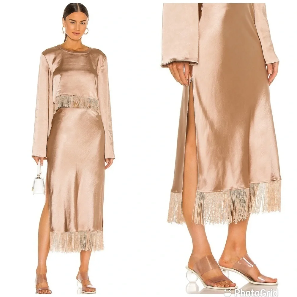 LPA Fringe Skirt Cream Satin Fringe Party Revolve S NWT - Picture 2 of 8